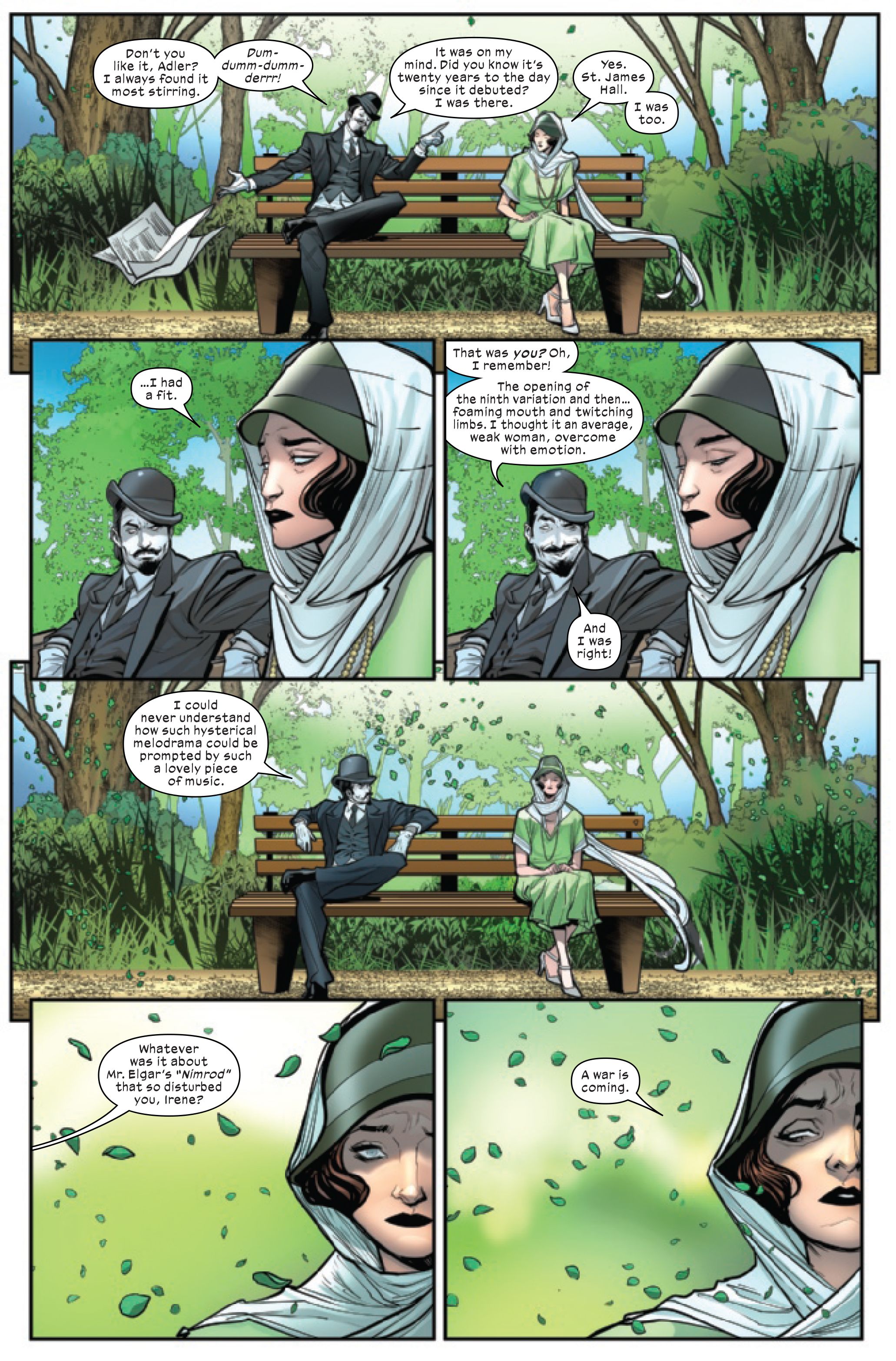 Mister Sinister and Irene Adler/Destiny talk in Immortal X-Men #1, by Kieron Gillen and Lucas Werneck. (Page 2)