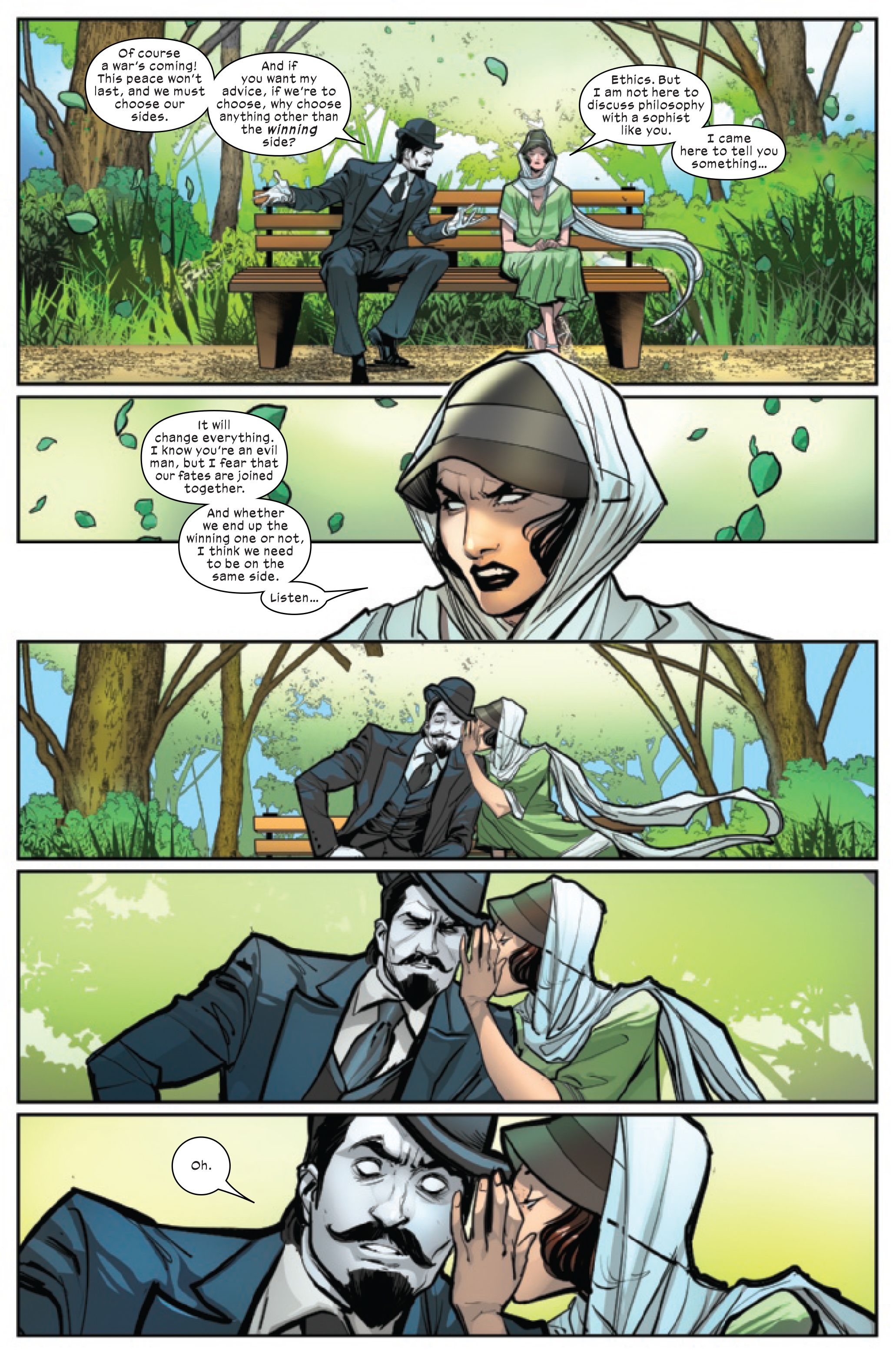 Mister Sinister and Irene Adler/Destiny talk in Immortal X-Men #1, by Kieron Gillen and Lucas Werneck. (Page 3)
