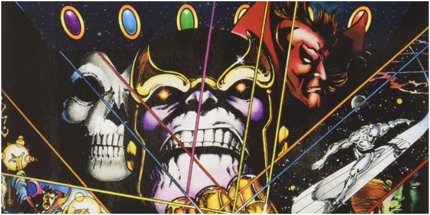 Infinity Gauntlet cover featuring Thanos with Death looming behind him.