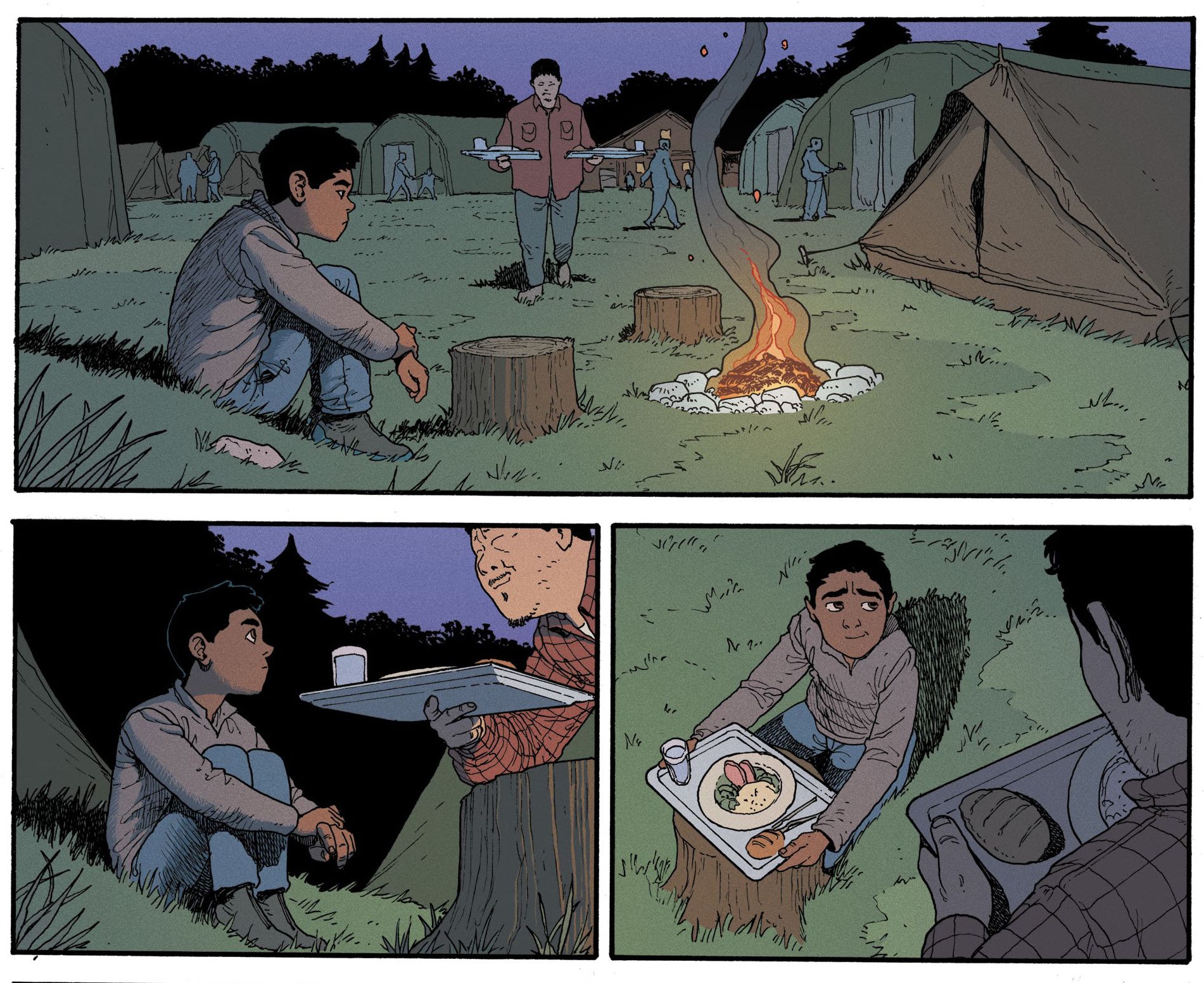 Sonny and Javier eat dinner by the campfire