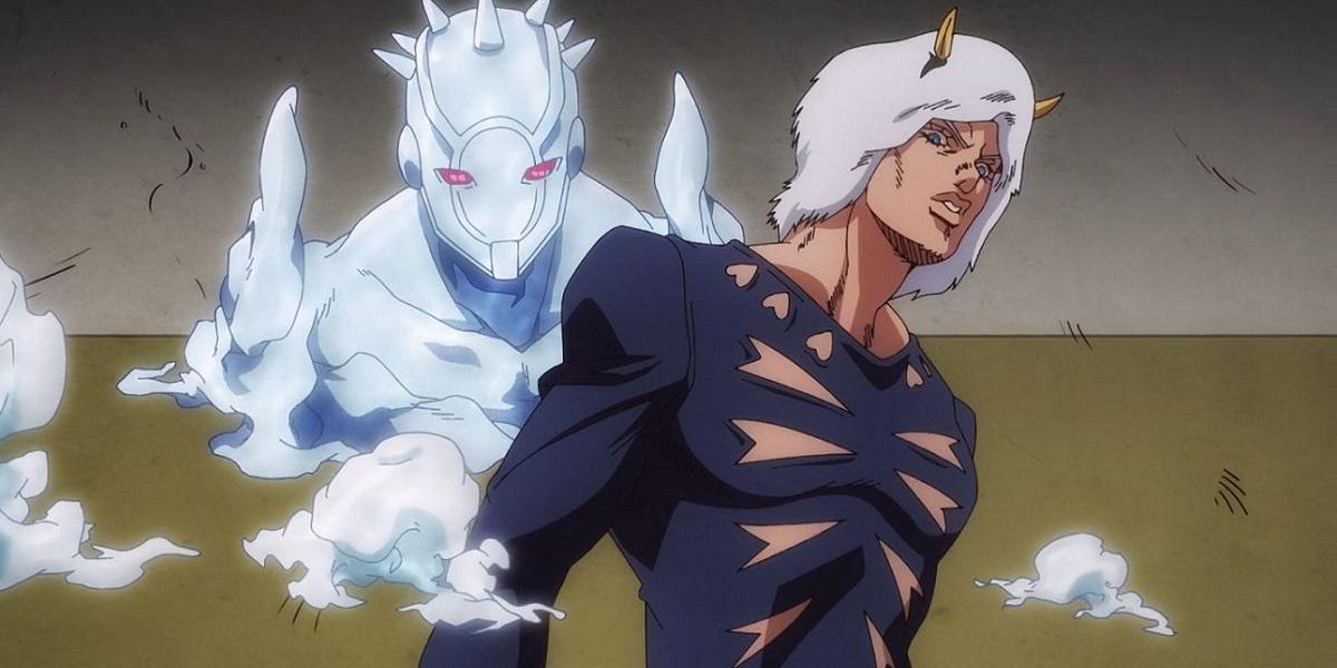Weather Report and his Stand look at the viewer in Stone Ocean (JoJo's Bizarre Adventure).