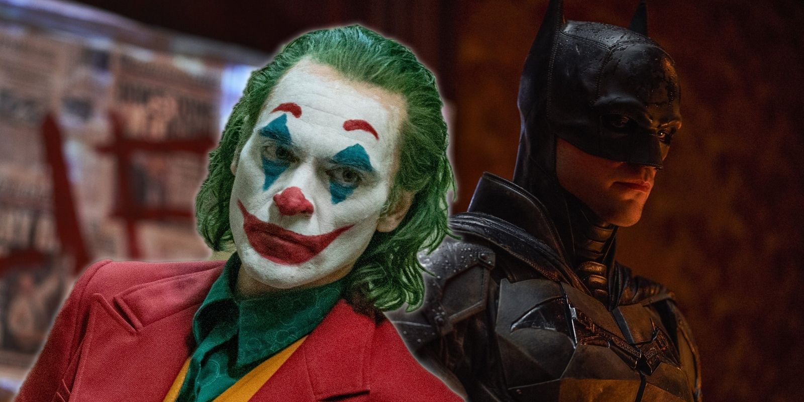 An image combining Joaquin Phoenix's Joker and Robert Pattinson's Batman 