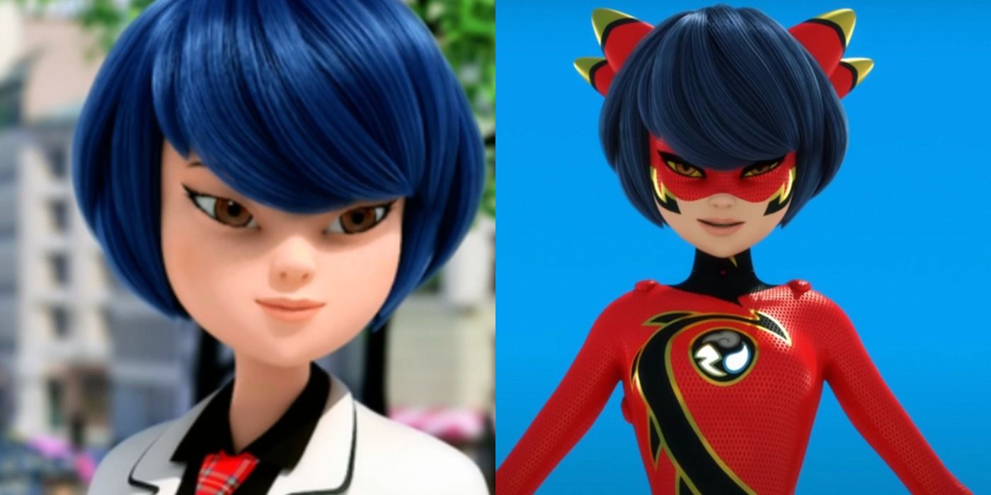 A split image features Kagami in her school uniform and in her superhero costume in Miraculous Ladybug