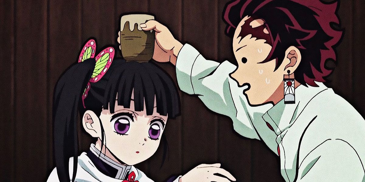 Tanjiro places the cup on Kanao's head