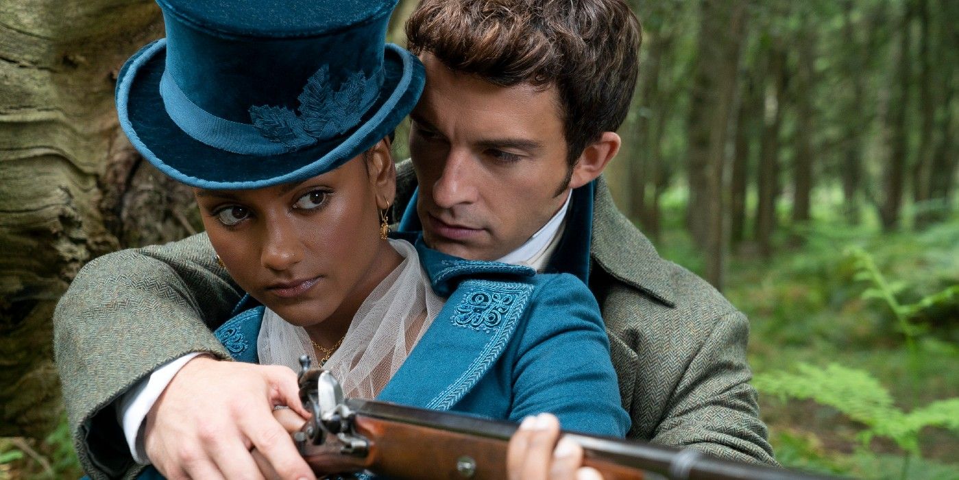 Kate Sharma and Anthony Bridgerton Holding A Rifle While Hunting