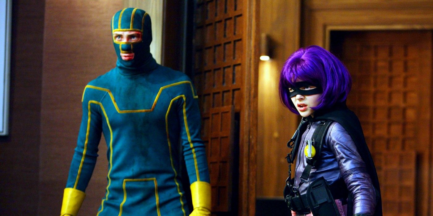 Aaron Johnson and Chloë Grace Moretz as Kick-Ass and Hit-Girl in Kick-Ass.