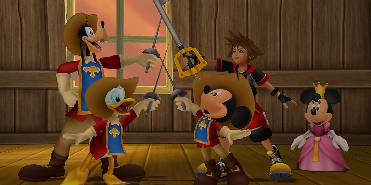 Goofy, Donald, Mickey, and Sora exclaim &quot;All for one!&quot; while Queen Minnie watches on