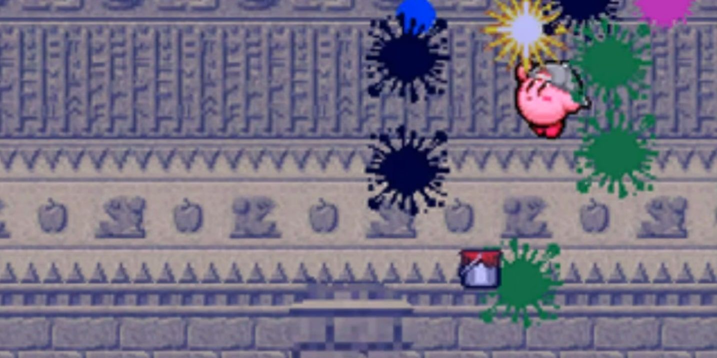 Kirby utiliza sua habilidade Paint contra um inimigo invisível em Kirby Super Star Ultra.