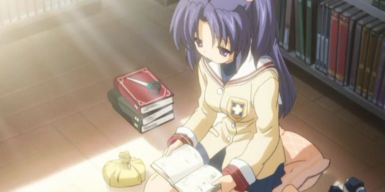 Kotomi Ichinose's first appearance in Clannad; kneeling on a floor and reading.