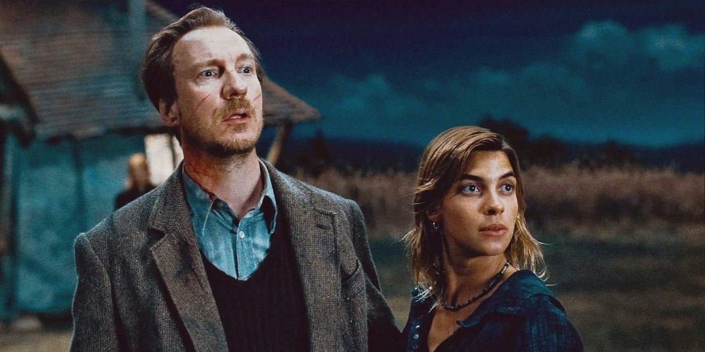 Lupin and Tonks standing in front of the Burrow looking shocked