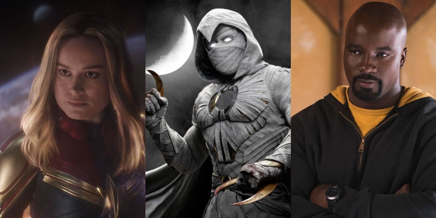 MCU Characters Moon Knight Couldn't Beat Captain Marvel in space and Luke Cage crossing his arms split featured