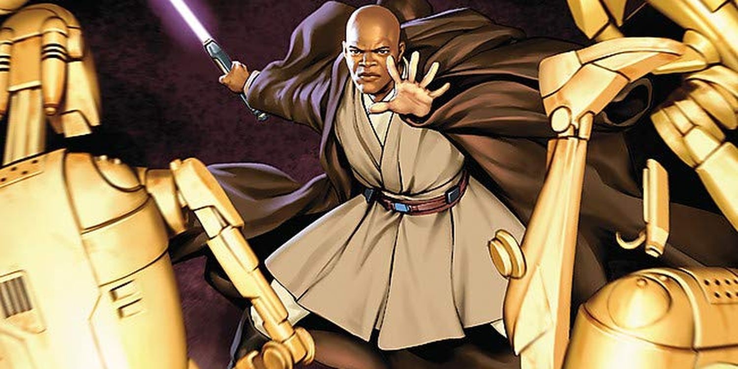 Mace Windu Jedi of the Republic fighting Battle Droids Cropped