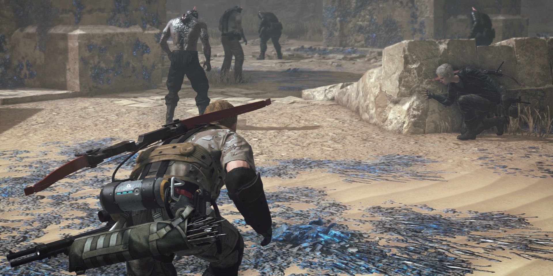 Player sneaking behind zombies in Metal Gear Survive