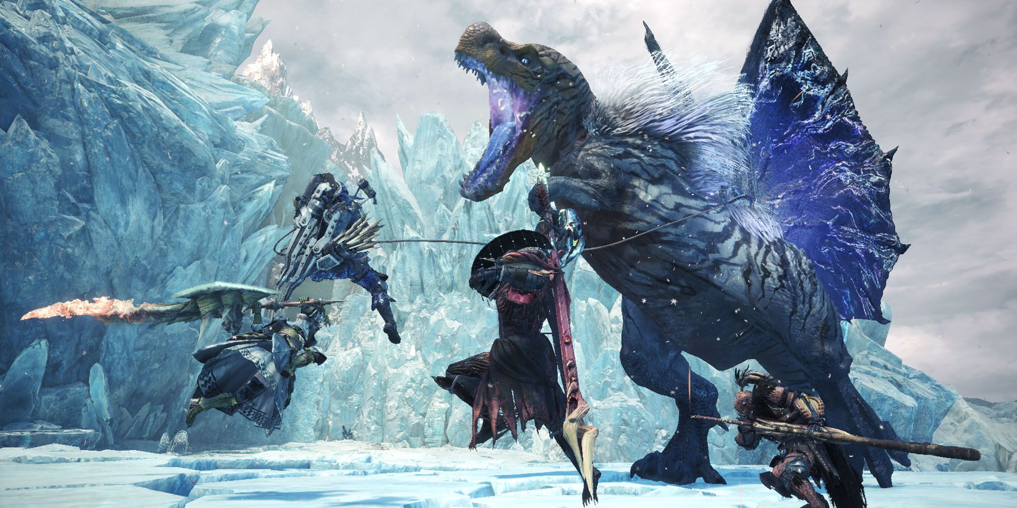 Four players fighting Fulgur Anjanath from Monster Hunter World Iceborne