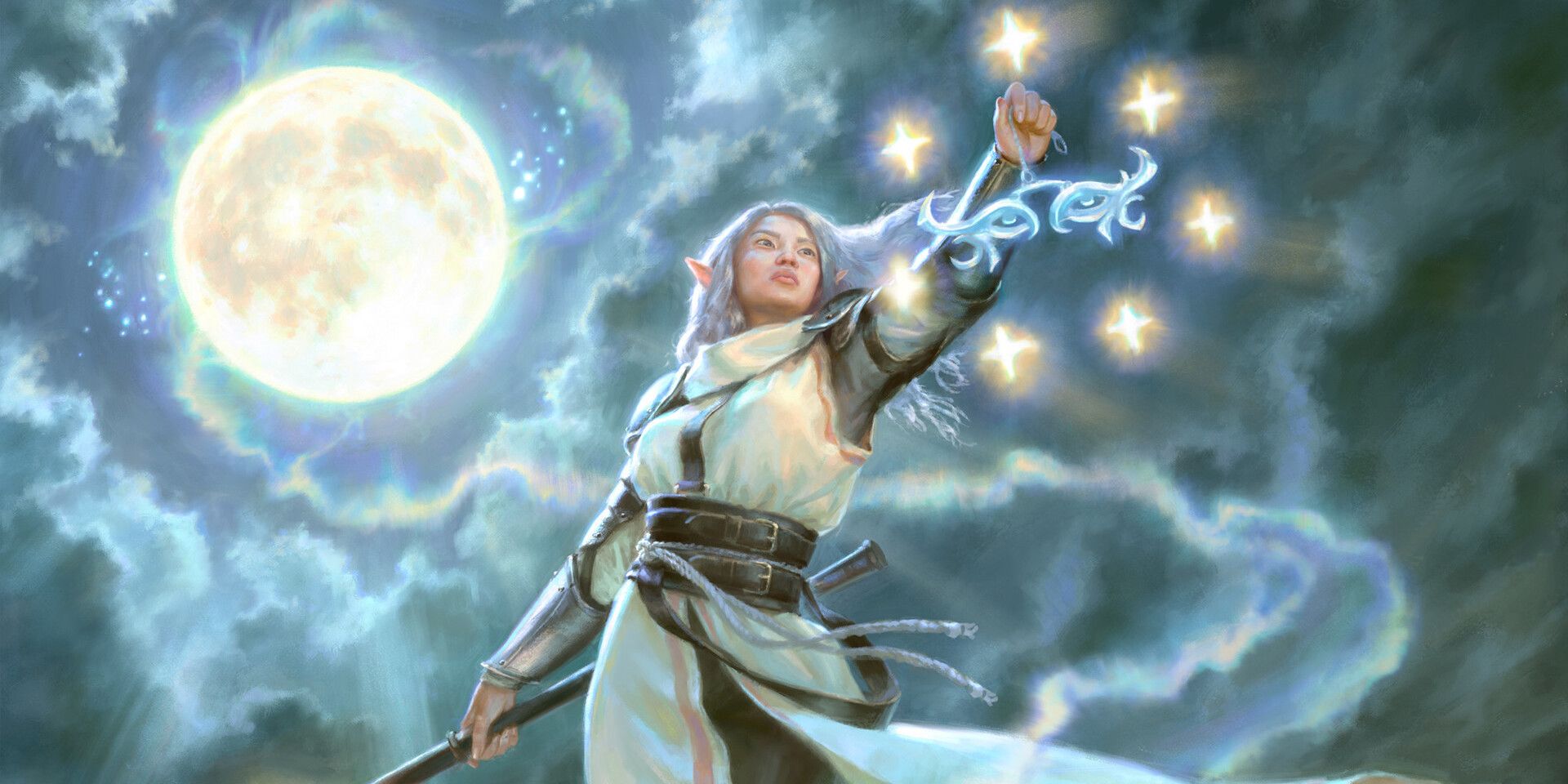 An elven cleric holding a holy symbol in one hand and a mace in the other under the light of the full moon in DnD.