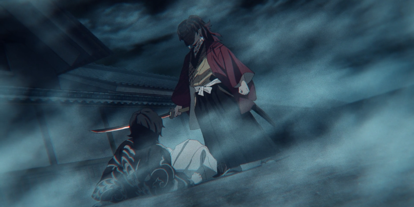 Demon Slayer's Yoriichi Tsugikuni standing over defeated Muzan with sword in hand
