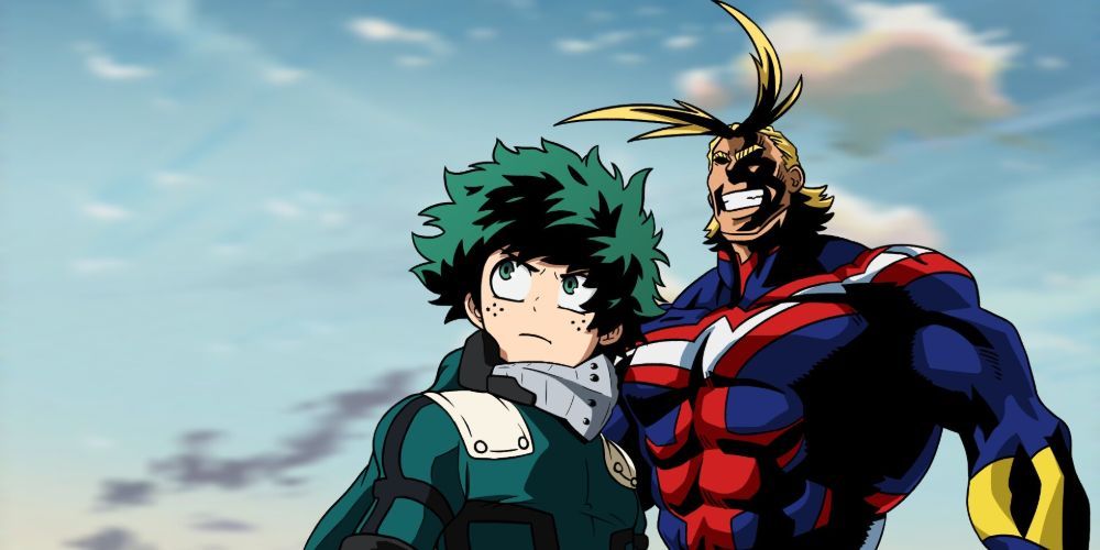 All Might And Deku stand under clear blue skies looking heroic in My Hero Academia.