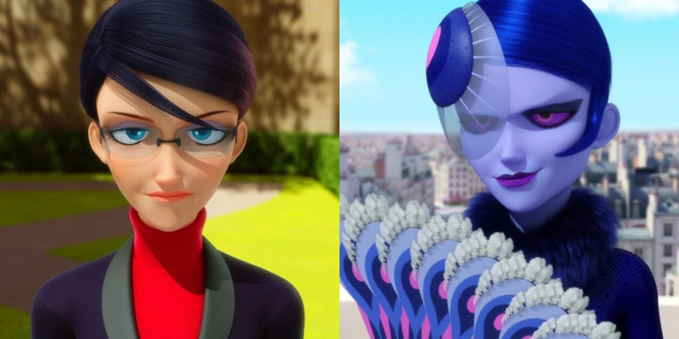 A split image features Nathalie in her civilian wear and her villain costume in Miraculous Ladybug