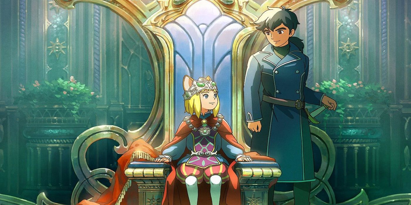 A young girl sitting on a thrown and looking up at an older boy in Ni no Kuni II Revenant Kingdom.