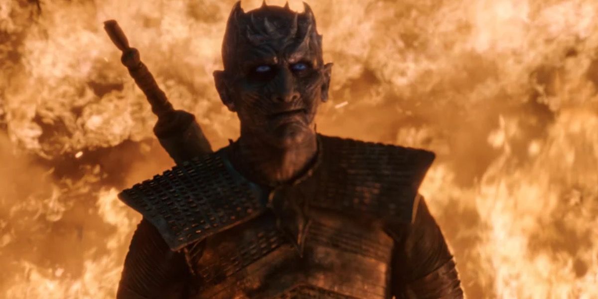 The Night King in Game of Thrones surrounded by fire.