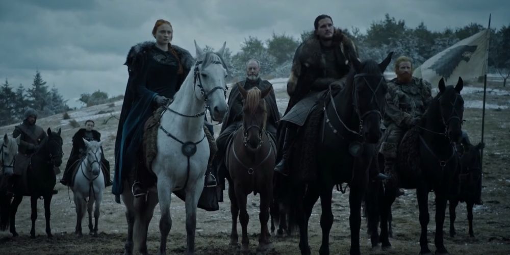 Jon Snow, Sansa Stark, Tormund Giantsbane, Lyanna Mormont, and Davos Seaworth parley with Ramsay Bolton Game of Thrones