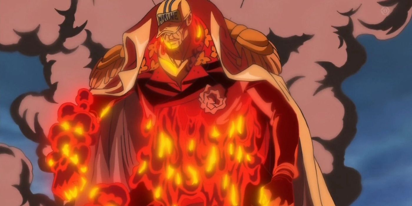 Akainu Transforms his body into magma in One Piece.