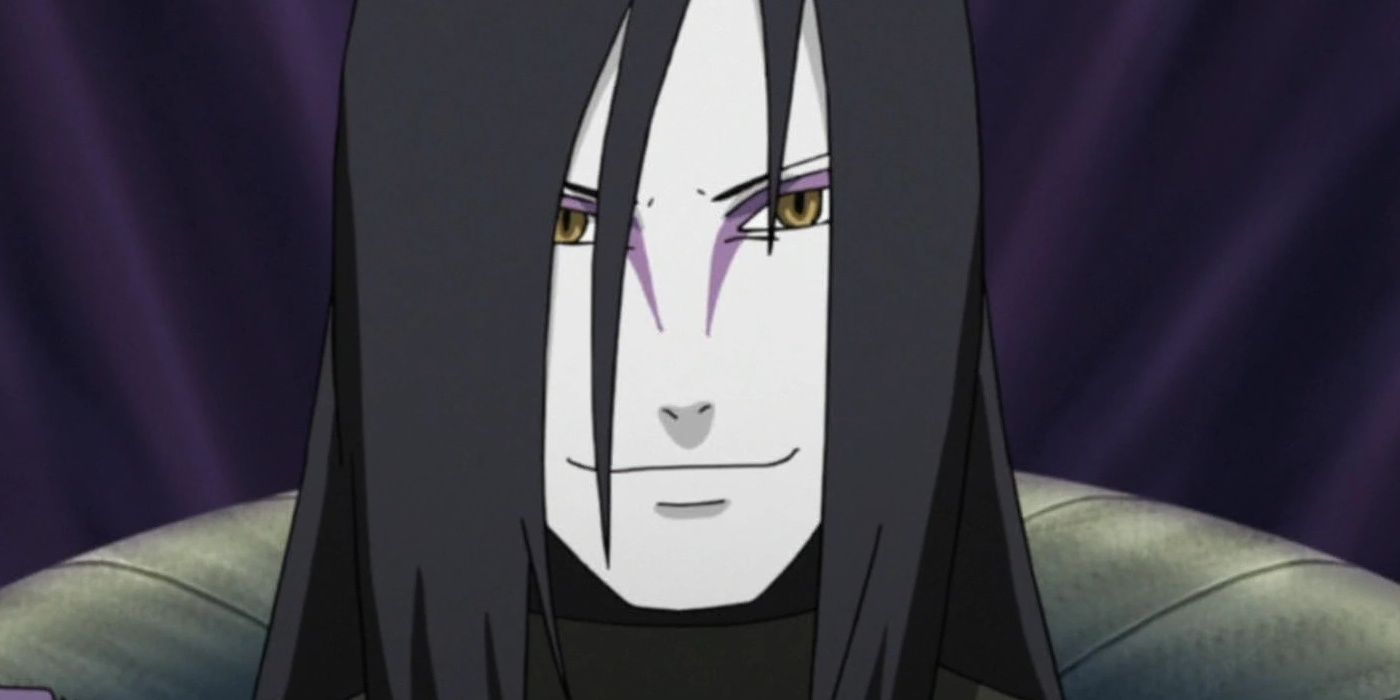 Orochimaru smirking while sitting in his hideout in Naruto.