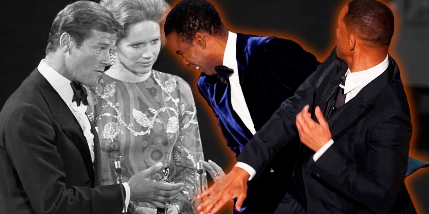 Roger and Liv Ullman are positioned alongside an image of Will Smith hitting Chris Rock at the Oscars