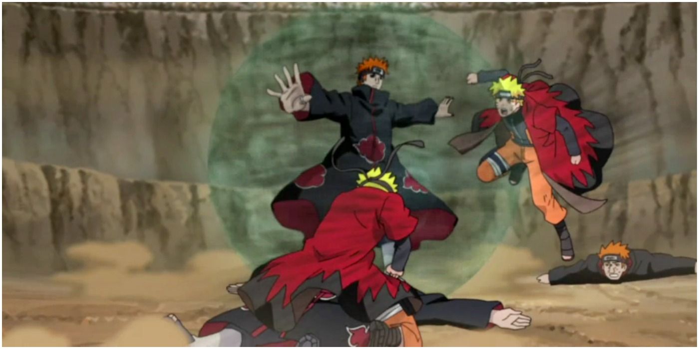 Pain using Shinra Tensei on Naruto in Naruto.