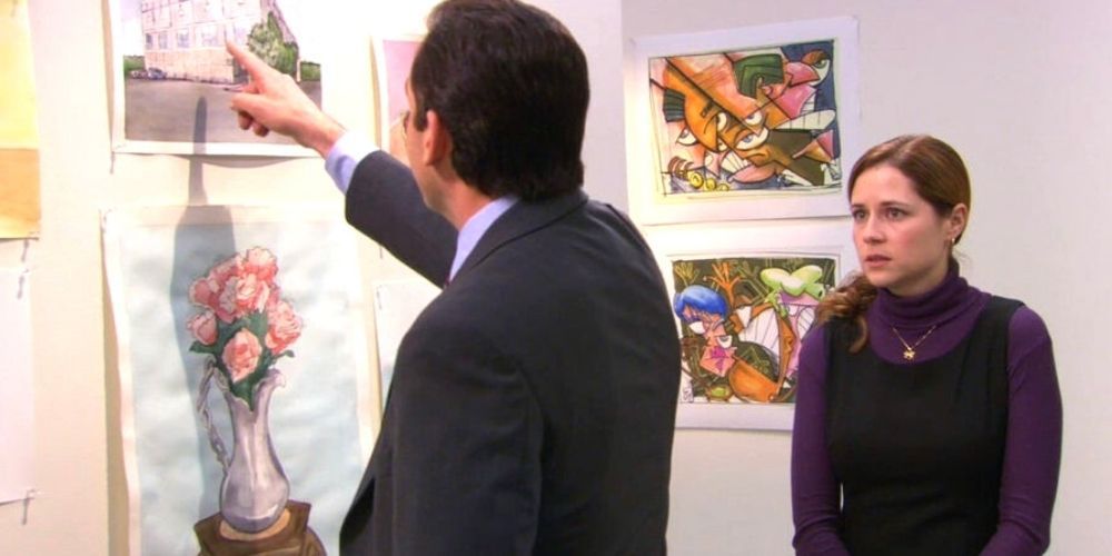 Michael looking at Pam's art work whilst she looks at him in disbelief from The Office