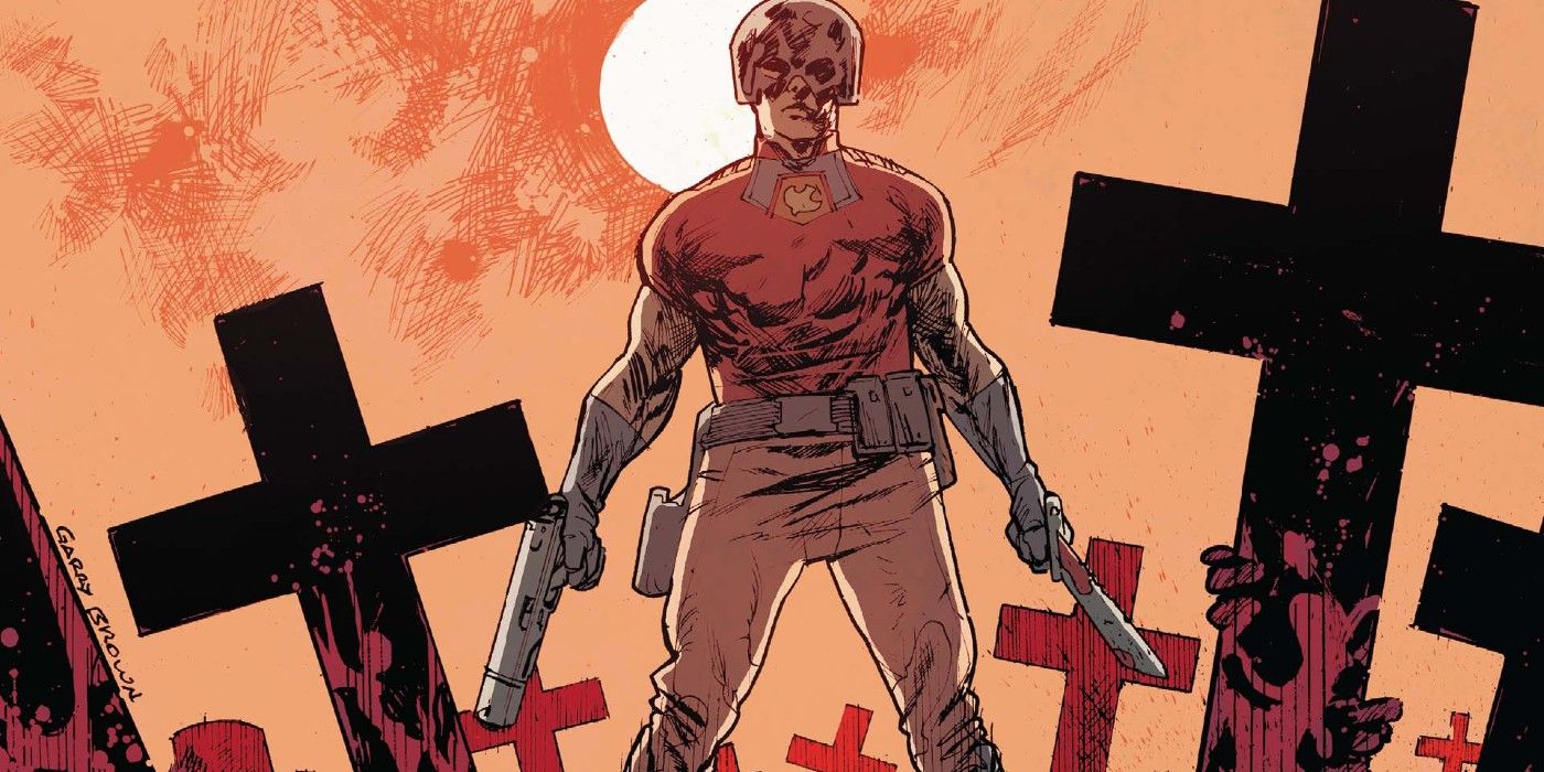 Peacemaker stands surrounded by graves in DC Comics.