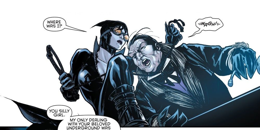 Catwoman strangling Penguin for information
