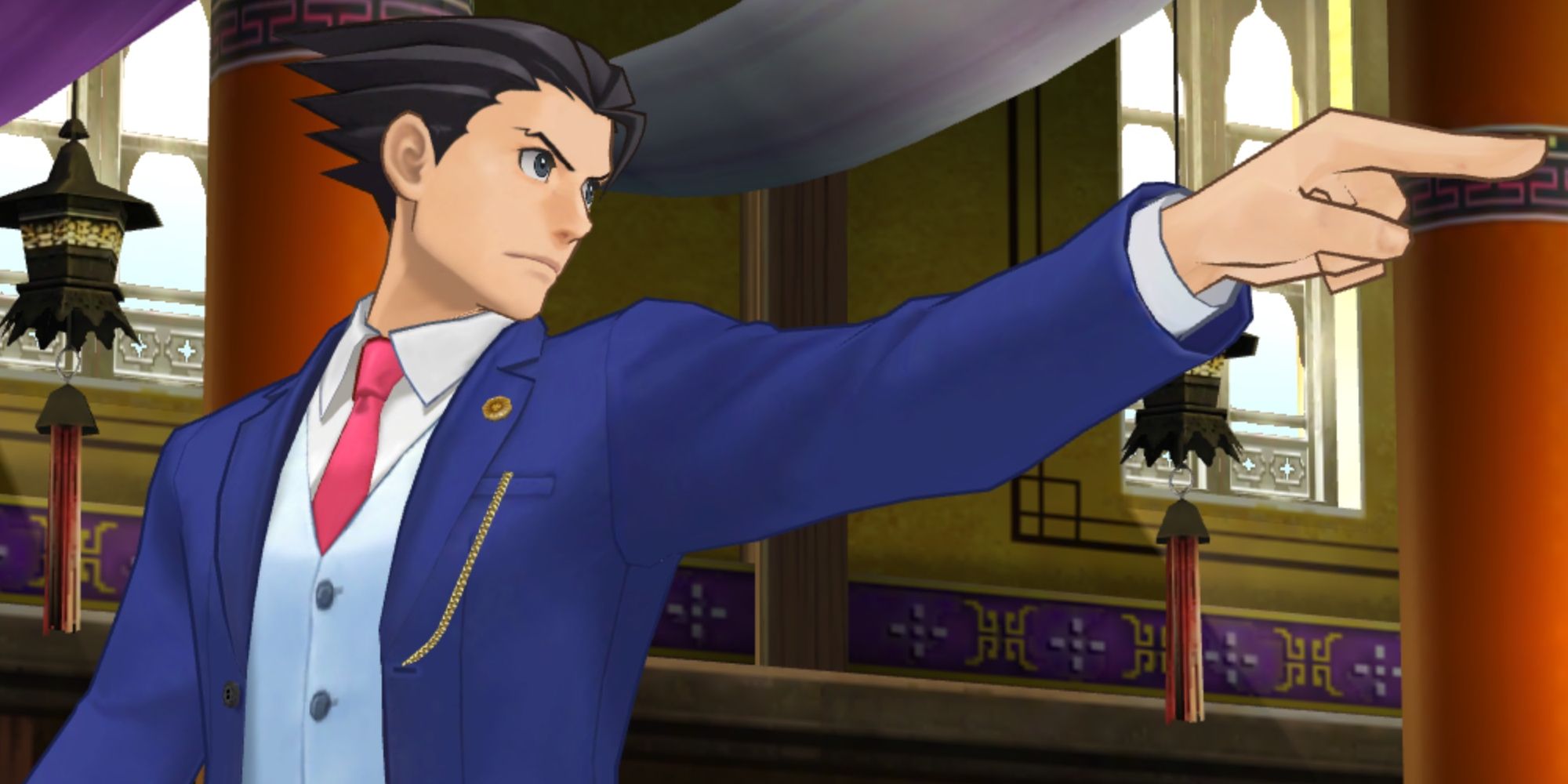 Phoenix Wright pointing after declaring an Objection