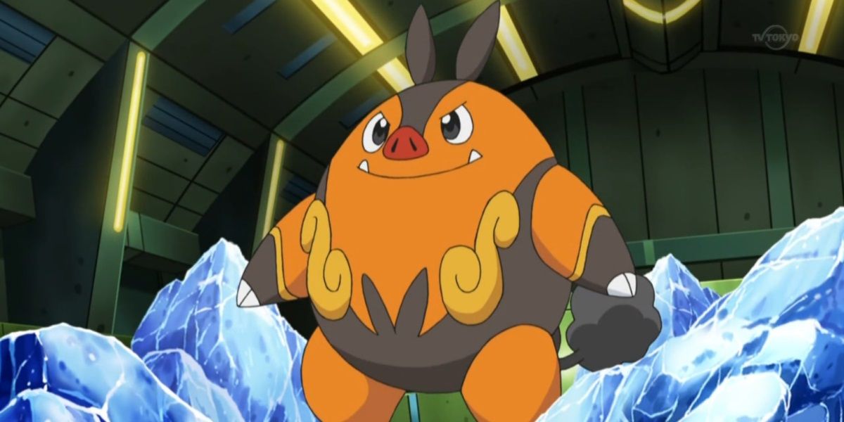 Pignite on an ice battlefield in the Pokemon anime