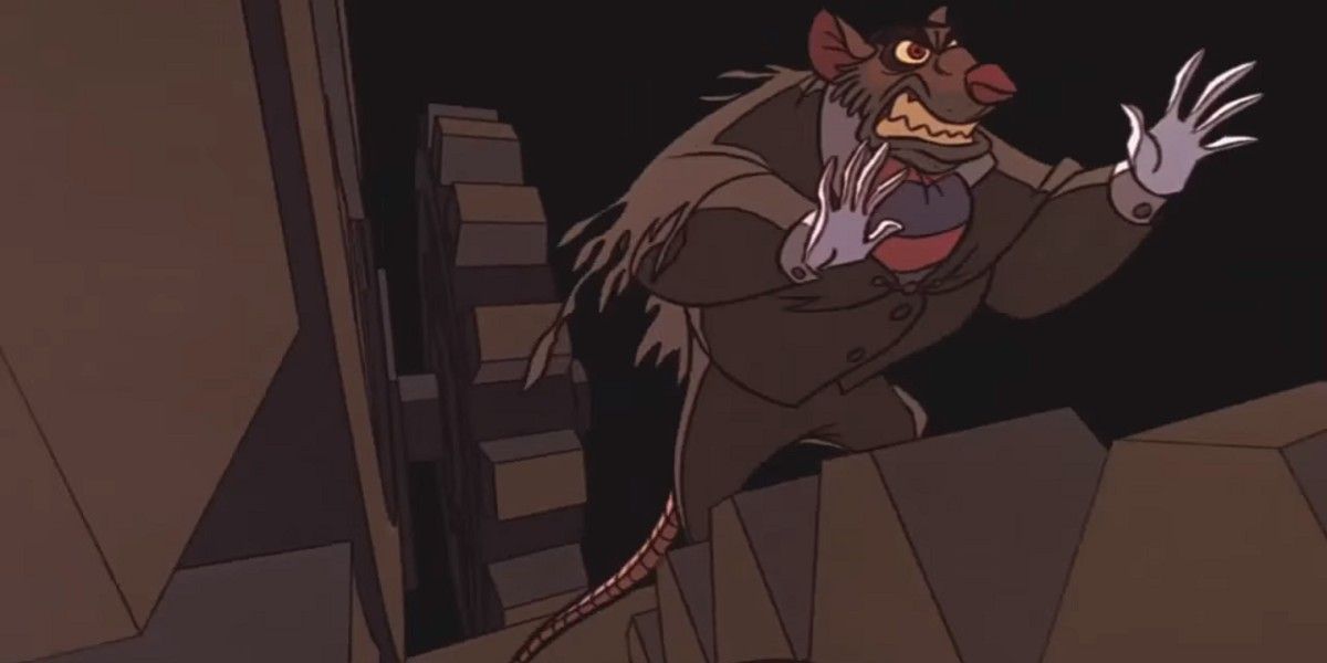 Professor Rattigan standing on gears looking menacing in a tattered coat in The Great Mouse Detective.