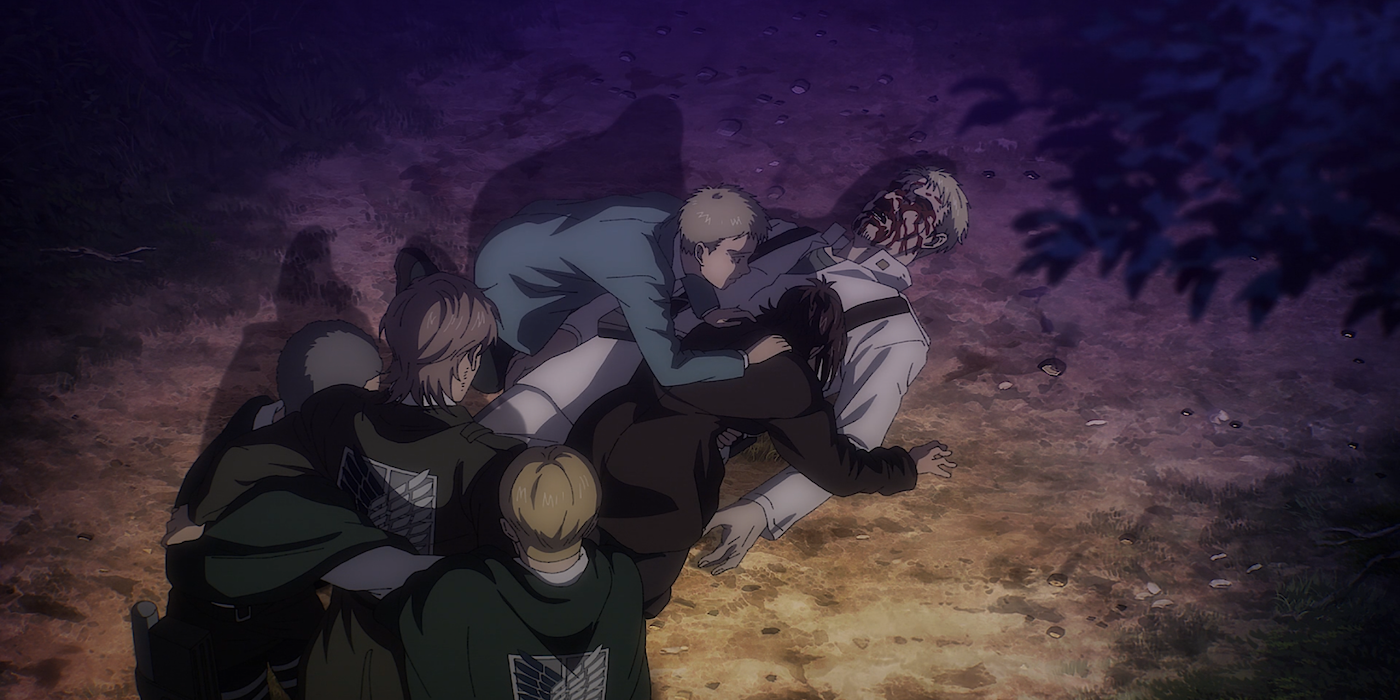 Reiner is beaten unconscious by Jean in Attack on Titan