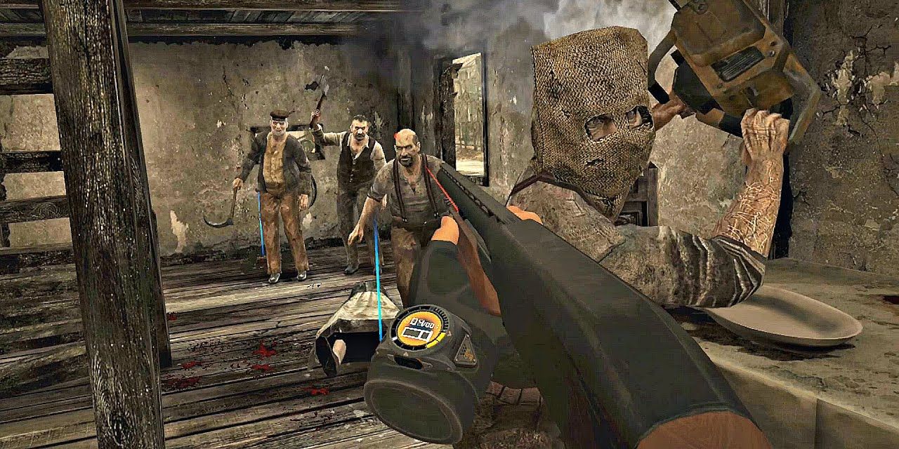 Leon fending off multiple enemies in the village in VR
