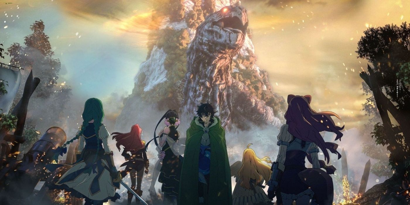 The main cast of Rising of the Shield Hero Season 2 posing in front of a giant dinosaur monster.