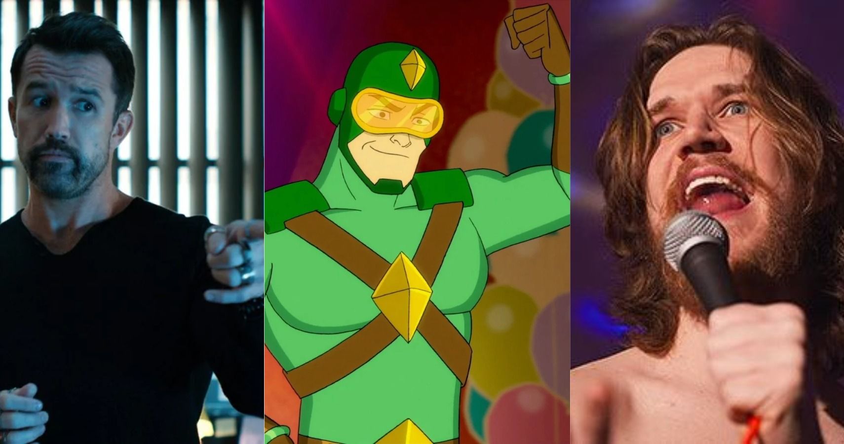 A combined image featuring Rob McElhenney and Bo Burnham as potential choices for Kite Man in season 2 of Peacemaker.
