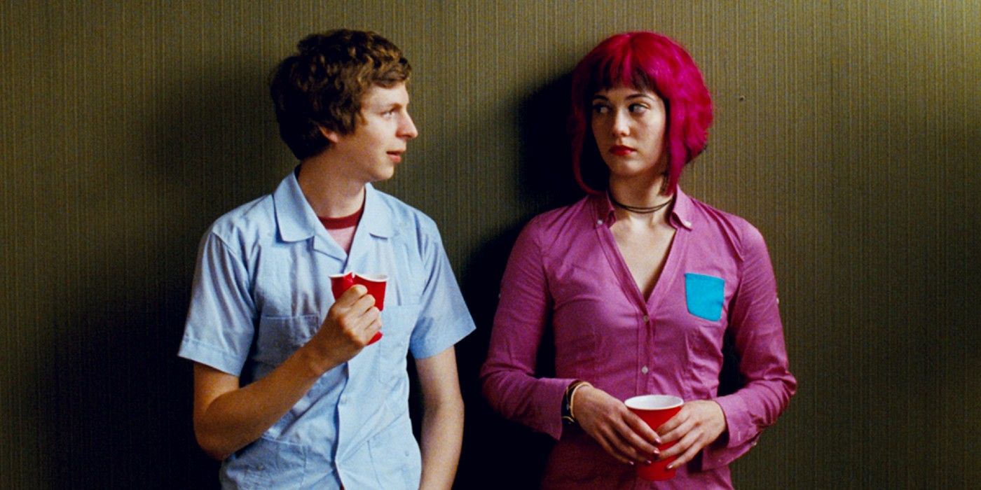 Scott Pilgrim and Ramona Flowers leaning against a wall in Scott Pilgrim Vs. The World.