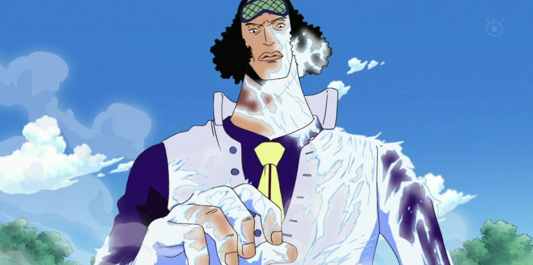 Admiral Aokiji prepares to attack the Straw Hats in One Piece