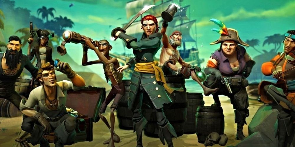 A motley crew of pirates from Sea of Thieves game
