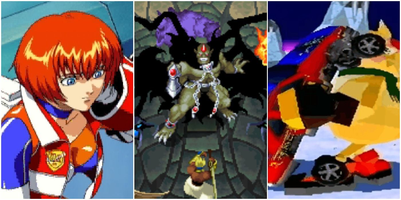 Split image of scenes from Sega Saturn games: Burning Rangers, Legend Of Oasis Fighters and Megamix Trio