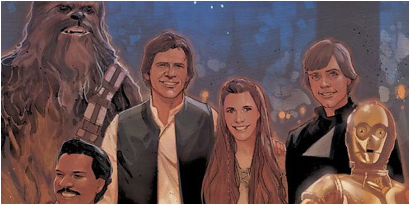 Han, Luke, Leia, Chewbacca, Lando, and C3PO on Endor