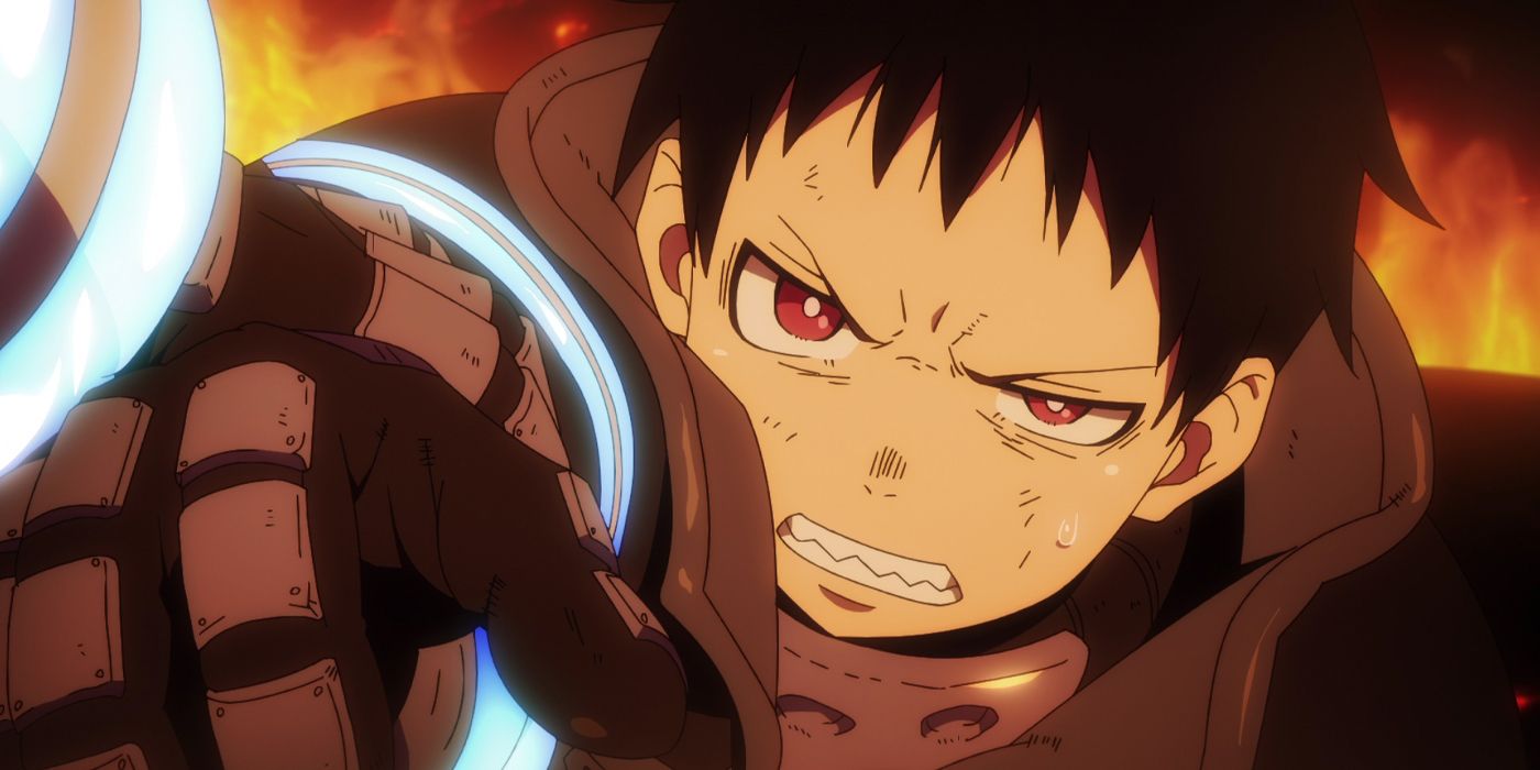 Shinra Kusakabe in Fire Force grimacing.