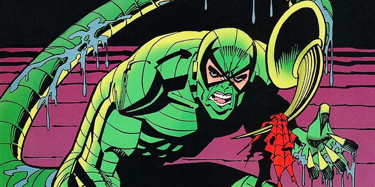 Mac Gargan as The Scorpion growling and holding a shred of Spider-Man's uniform on his tail