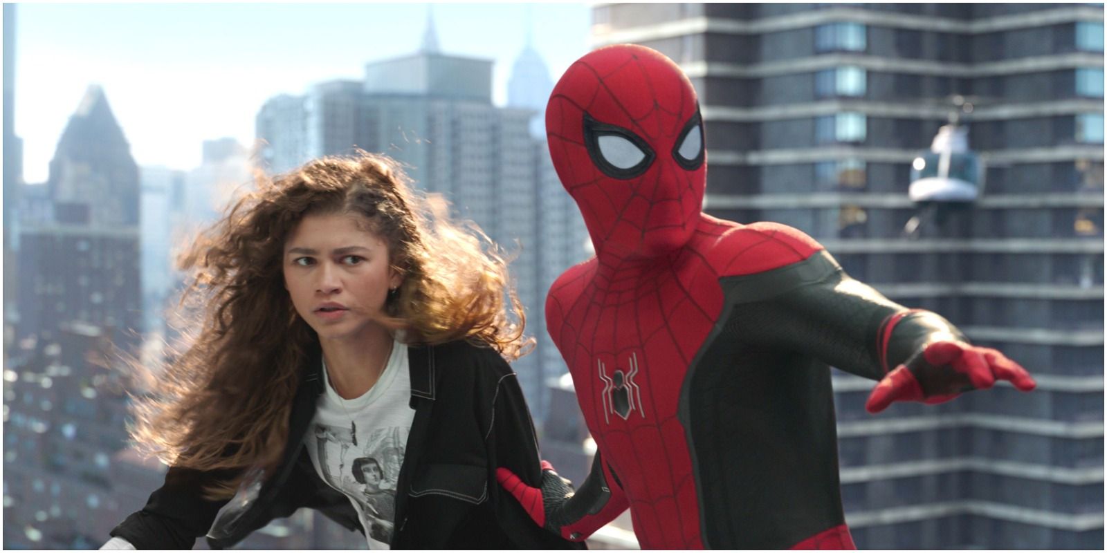 MJ and Spider-Man on top of a bridge after his identity is revealed from No Way Home