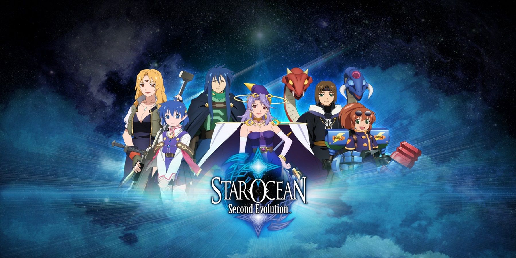 Title of Star Ocean: Second Evolution in front of the characters, surrounded by blue clouds.