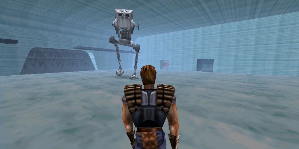 Dash Rendar approaches an AT-ST in Star Wars: Shadows of the Empire