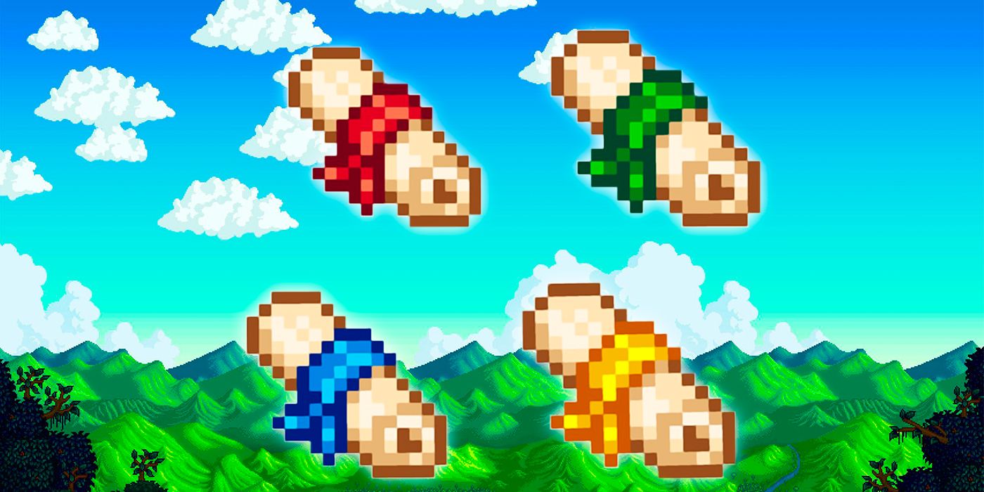 Four dwarf scrolls against the mountainous backdrop of Stardew Valley